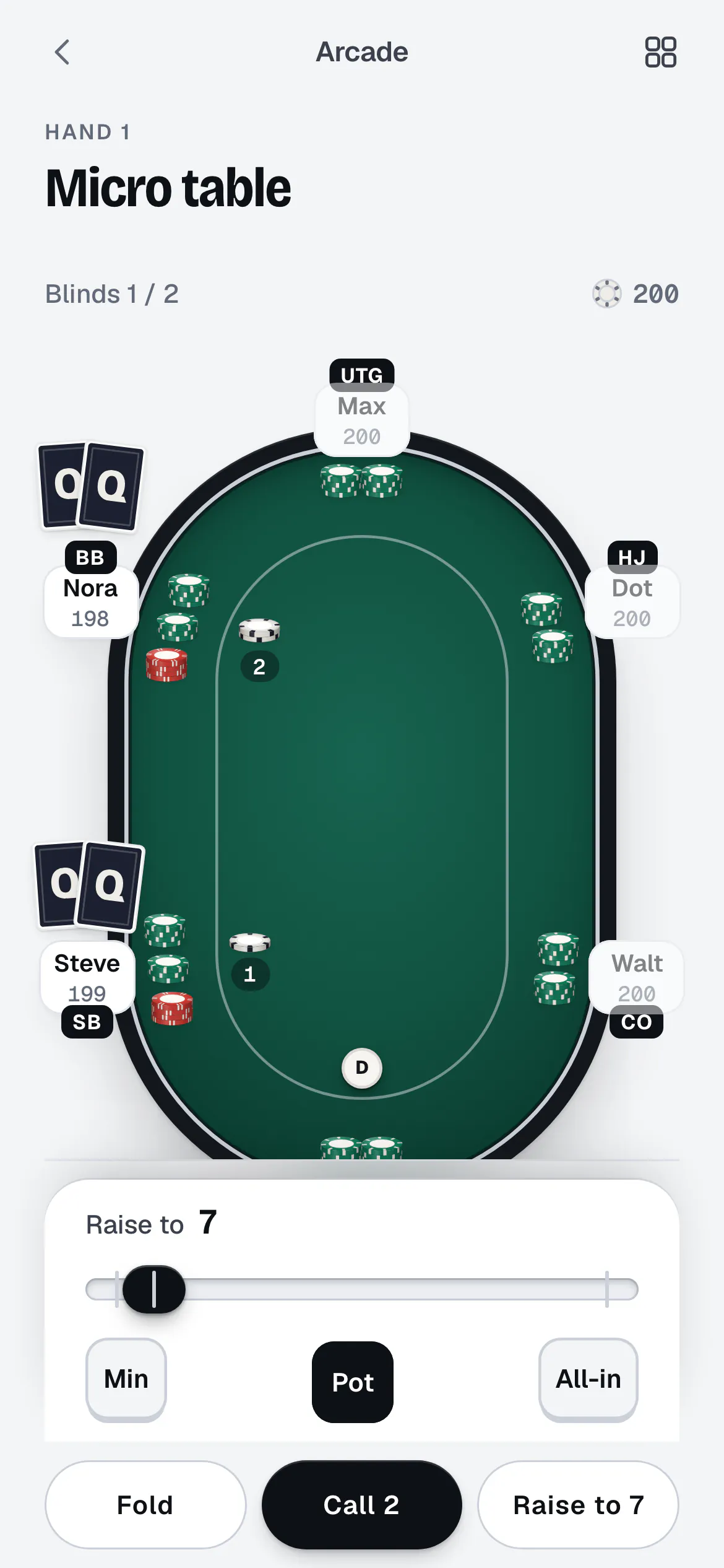 The Arcade’s cash table in Quads: six seats with their play chips, a hand on the button, and the bet slider open on a pot-sized raise.