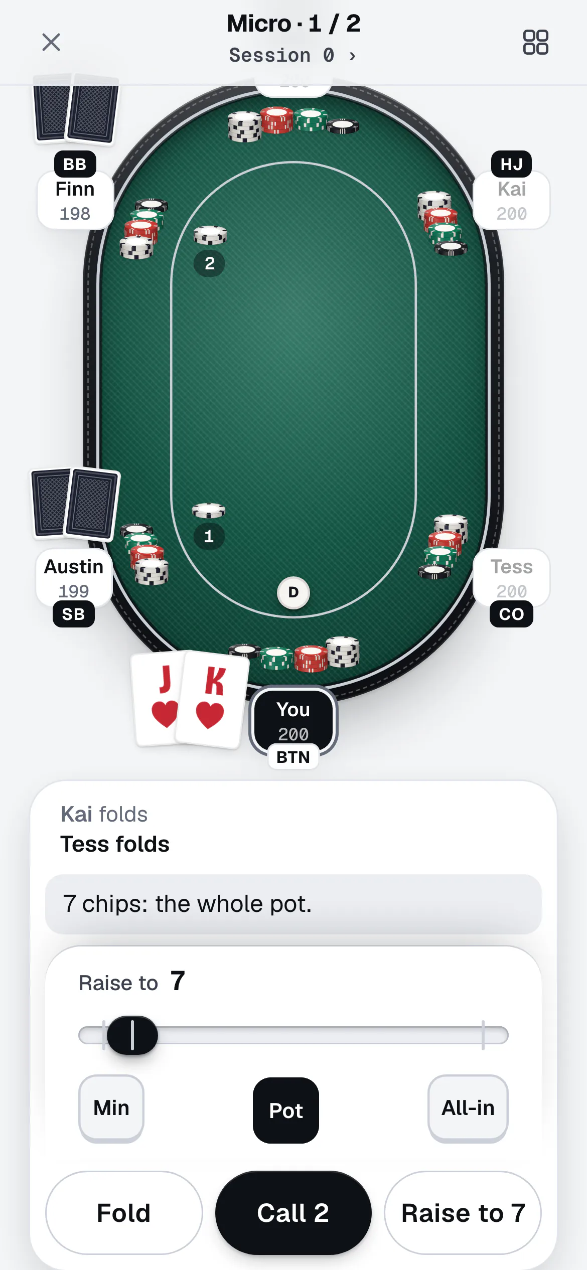 The Arcade’s Micro cash table in the app: six seats with their play chips, your Jack and King of hearts on the button, and the bet slider open on a pot-sized raise to 7.