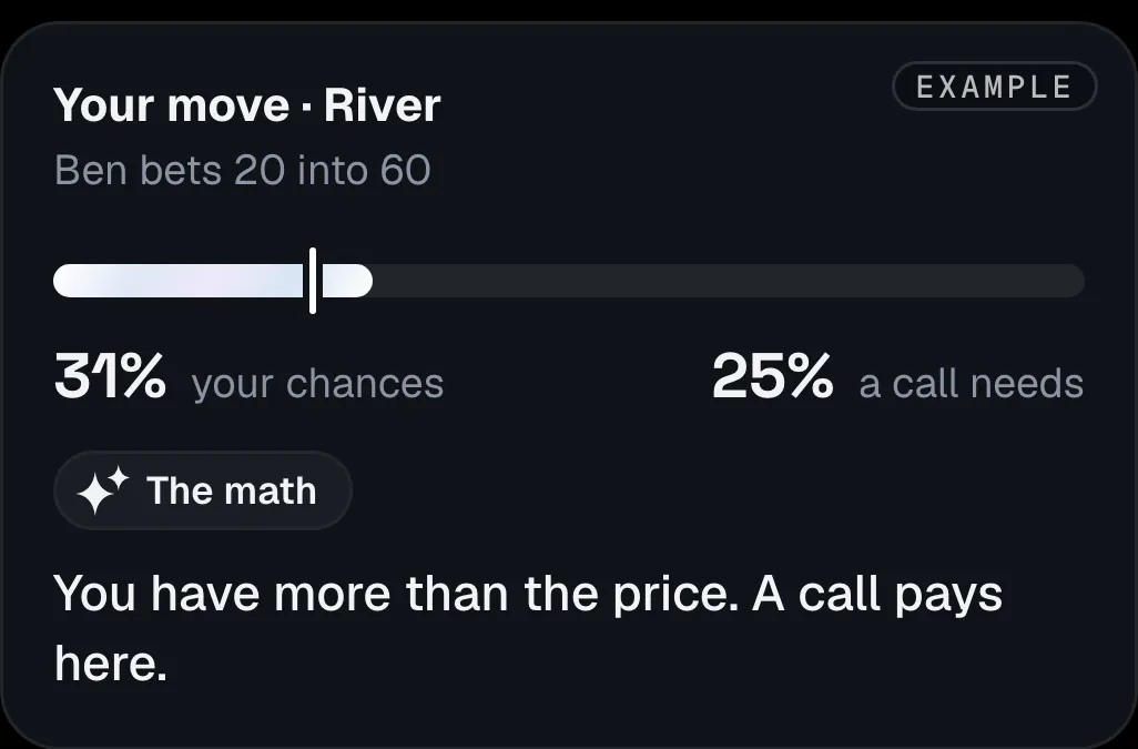 Your move on the river in Quads+: your chances against the price of a call, and the math. An example.