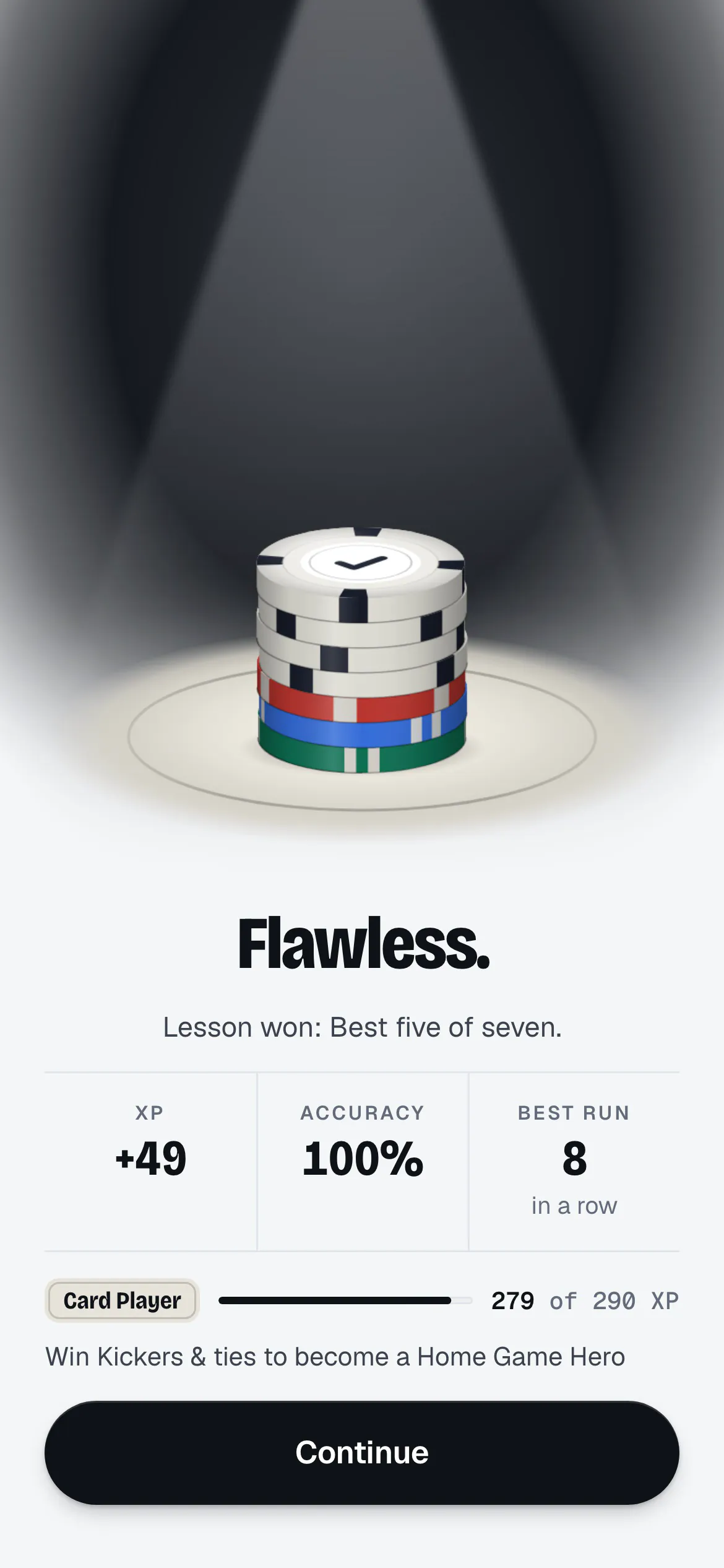 A lesson won in Quads: the table’s chip stack, the XP earned, and the rank bar a few XP short of the next rank.