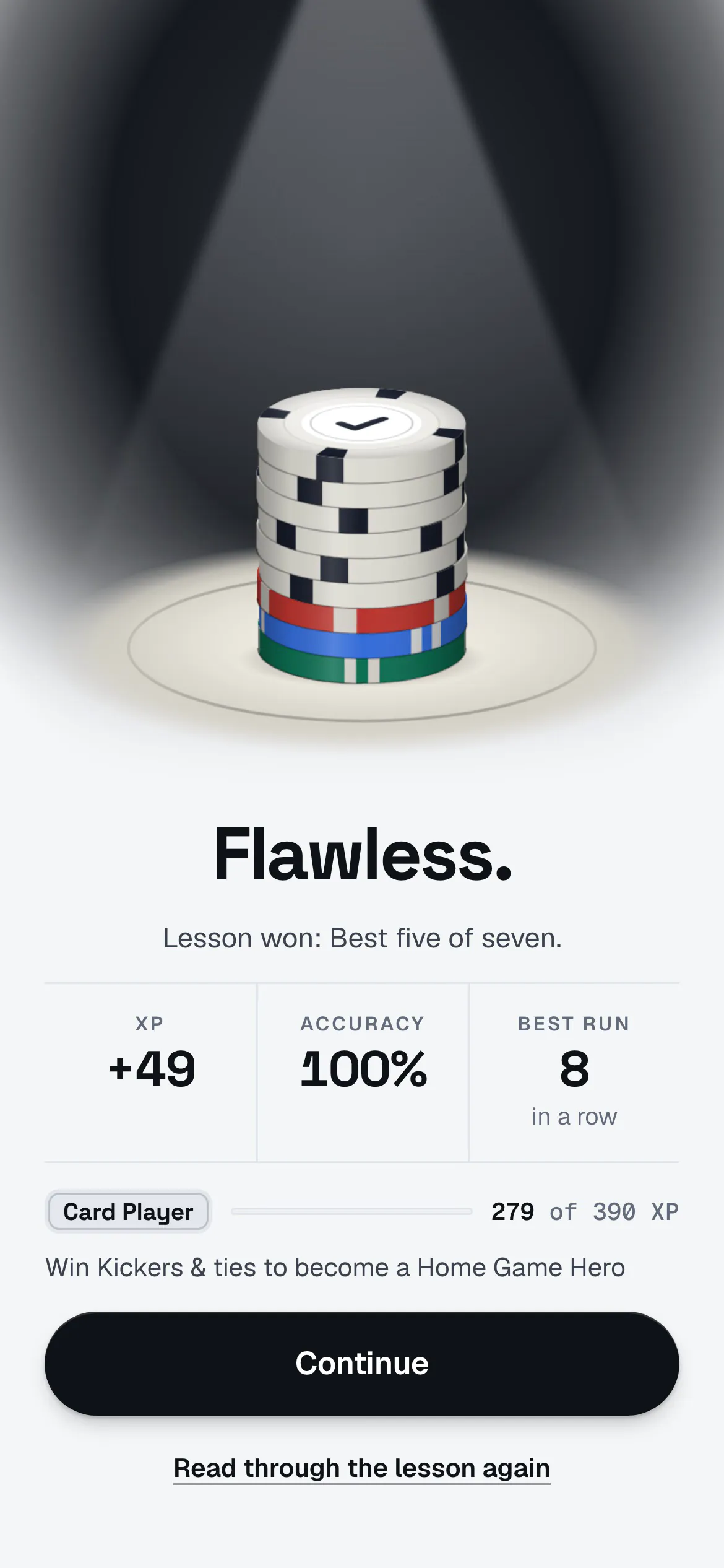 A lesson won in Quads: the table’s chip stack in the spotlight, Flawless for Best five of seven, the XP it earned and the rank bar on the way to Home Game Hero.