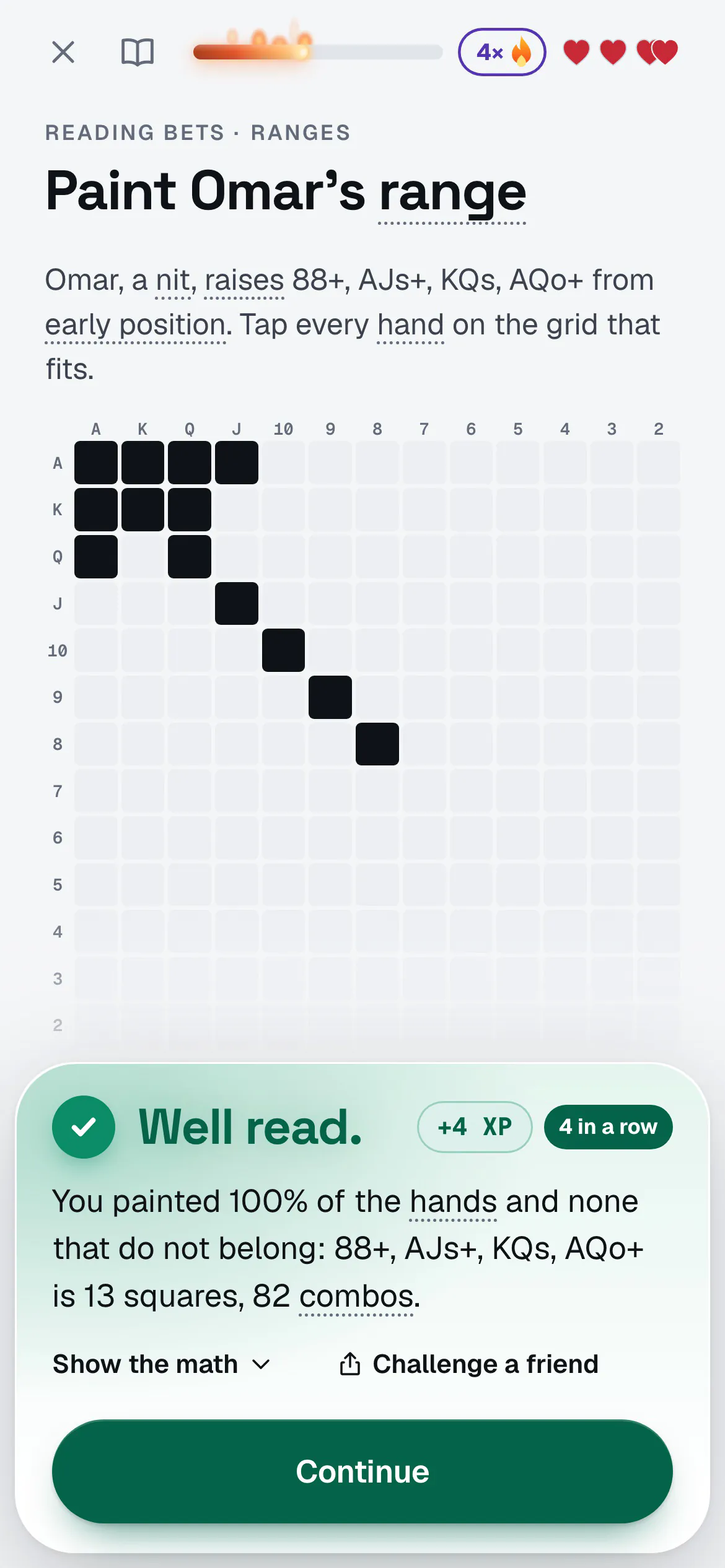 Table 6 in a Quads lesson: Paint Omar’s range. Omar, a nit, raises 88+, AJs+, KQs and AQo+ from early position; the hands are painted on the grid, and the sheet says Well read: 13 squares, 82 combos.