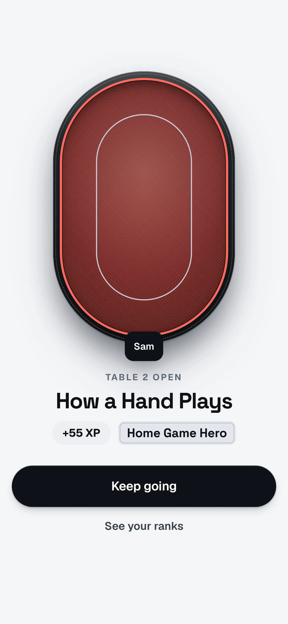 A table won in Quads: Table 2 open, the Red table’s felt, How a Hand Plays, the XP earned and the new rank, Home Game Hero.
