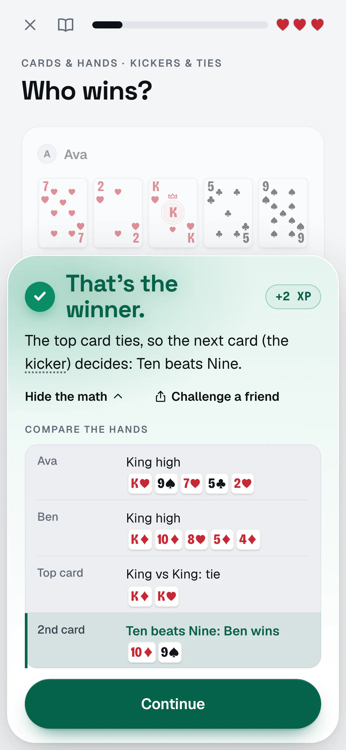 A Quads answer after the question Who wins?: Ship it, with the reason, the top card ties so the next card (the kicker) decides, Ten beats Nine, and the math open: the hands compared, King against King, then Ten against Nine, so Ben wins.